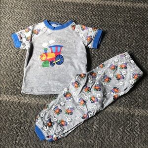 Grey Train-Print Kids Pajama Set with Blue Trim